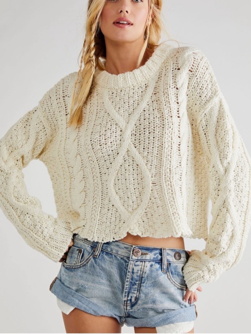 FREE PEOPLE CUTTING EDGE CABLE KNIT SWEATER IVORY RETAIL $148 XL